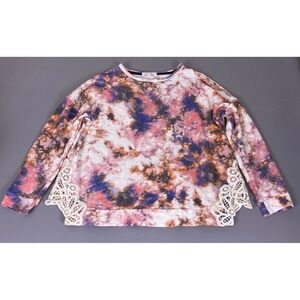 Rewind Sweatshirt Top Women's Plus 1X Tie Dye Pink Blue Crochet Lace Side Insets